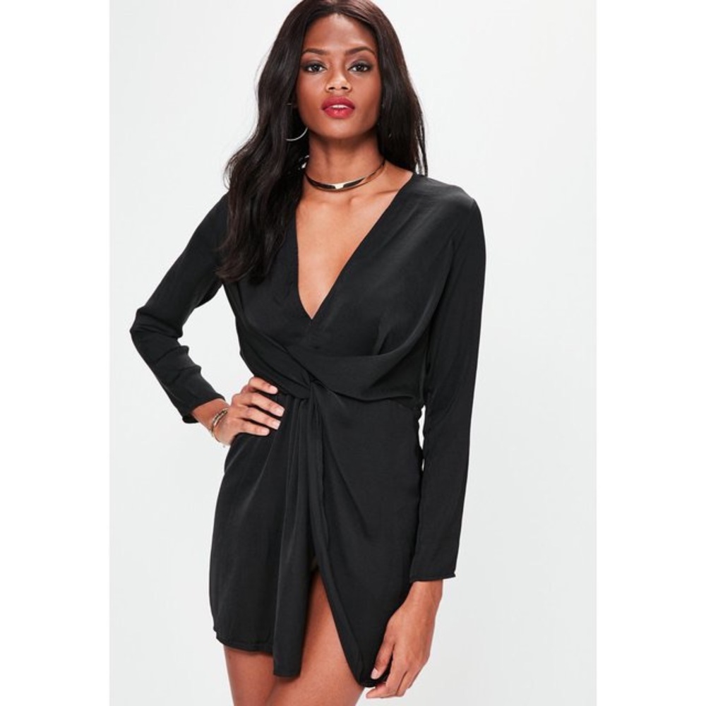 Missguided black satin wrap twist dress US 4